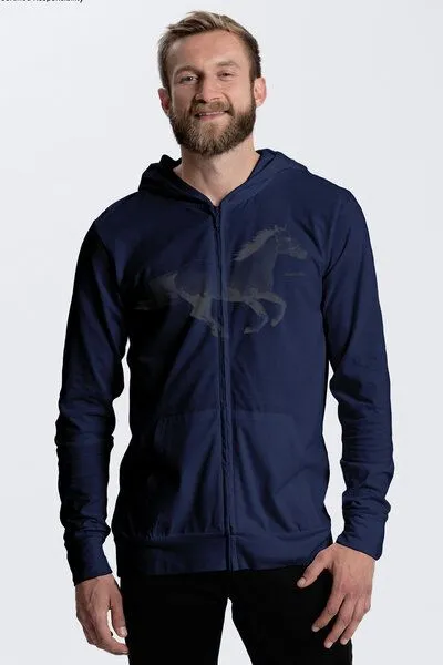 Peaces.bio - handbedruckte Biomode Peaces.bio - handbedruckte Biomode Herren Bio-Jersey-Zip-Hoodie Horsepower, Navy, – Produktbild 1 von 1