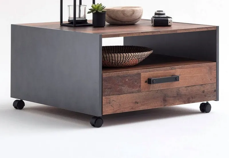 trendteam Couchtisch Indy (Tisch quadratisch, Used Wood und grau, auf Rollen), mit Schublade, Beige, – Produktbild 2 von 5