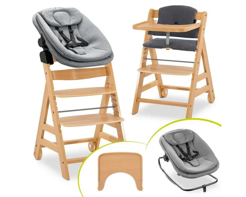 Hauck Hauck Hochstuhl Alpha Move Newborn Set - Natur, Holz Babystuhl ab Geburt mit Neugeborenensufsatz, Sitzkissen, Essbrett – Produktbild 1 von 5