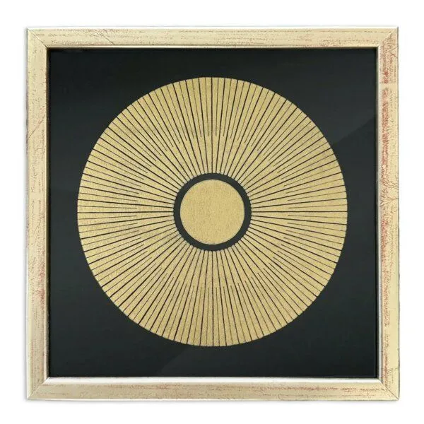 Veskor Cassiopeia Veskor Cassiopeia Gerahmt | CENTRAL SUN Heilige Geometrie Sonnen-Linoldruck | 20 × 20 cm in 22 × 22 cm Rahmen | Gold, Schwarz, – Produktbild 1 von 4