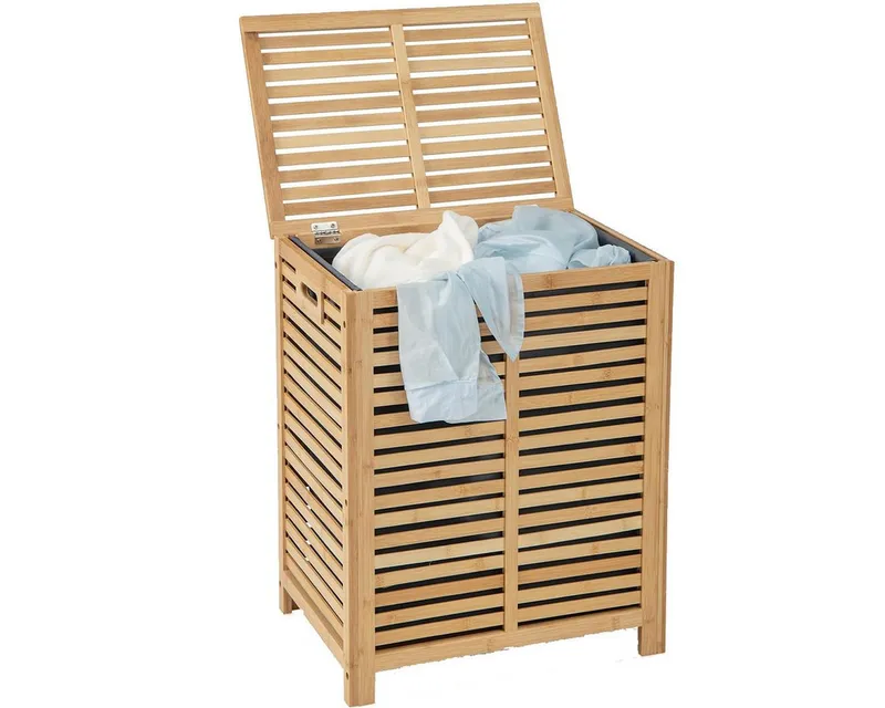 COSTWAY COSTWAY Wäschekorb, Bambus, 80L, mit Deckel & ausnehmbarem Wäschesack, Beige, – Produktbild 2 von 5