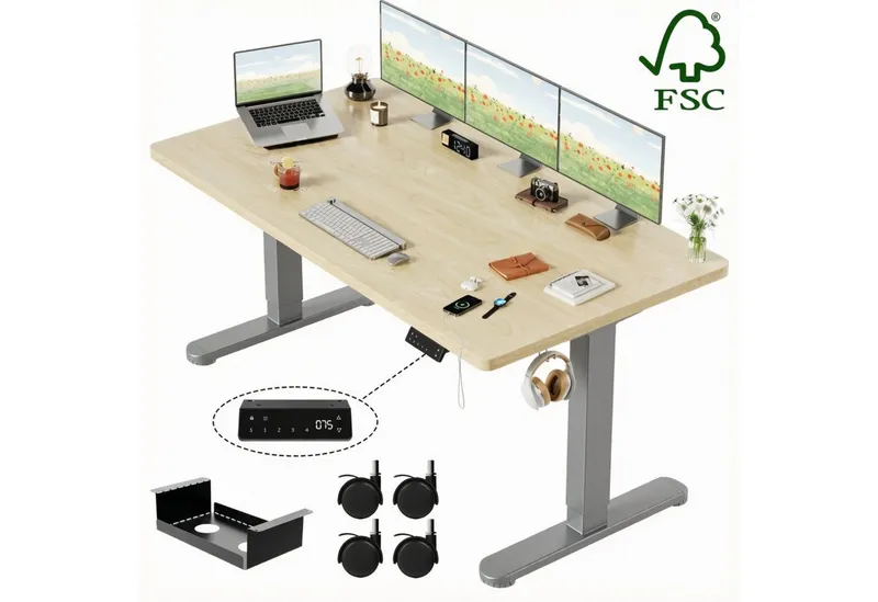 HOMALL Schreibtisch Höhenverstellbarer Elektrisch mit 25mm starker einteiliger Tischplatte (25 mm dicke, nahtlose, monolithische Tischplatten Keine gespleilten Platten Vielseitig und hochwertig Erinnerung bei langerem Stehen), Beige, – Produktbild 1 von 5