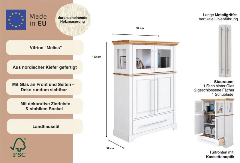 OTTO home Highboard Melissa Vitrine Breite/Höhe/Tiefe 94/39/133 cm, Breite 94 cm, 4-türig, mit Schublade, Kiefer massiv, FSC®, Weiß, – Produktbild 1 von 5