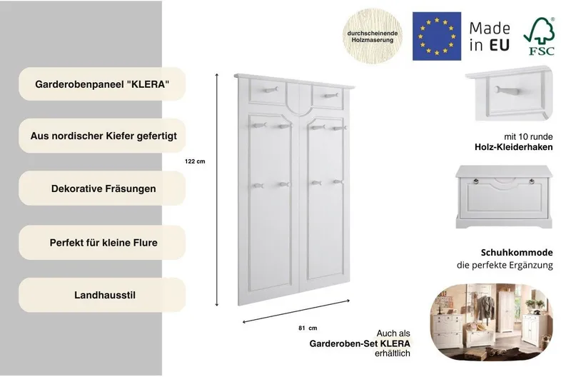 OTTO home Garderobenpaneel Klera, mit dekorativen Fräsungen, Kiefer, Landhausstil (Made in Europe), Mit 10 Kleiderhaken, aus massiver Kiefer, Weiß, – Produktbild 1 von 5