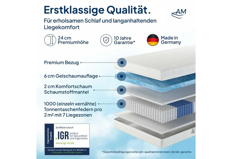 Taschenfederkernmatratze 1000 Federn, 7-Zonen Federkernmatratze, Memory Foam Gelschaum-Matratze, AM Qualitätsmatratzen, 24 cm hoch, 80x200 cm – Produktbild 3 von 5