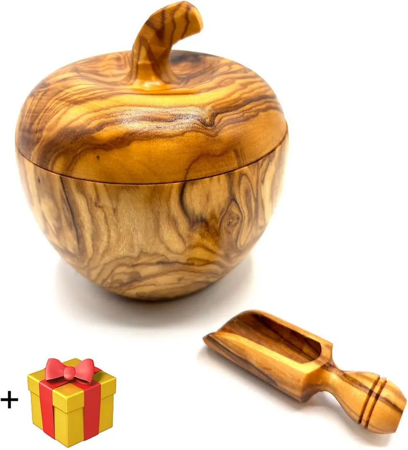 Olivenholz erleben Olivenholz erleben Zuckerdose Dose wie Apfel aus Olivenholz mit kleinem Salzschippchen, Aluminium, Massivholz, (Set, 2-tlg., 1x Dose wie Apfel, 1x Schippchen aus Olivenholz plus Überraschung), toller Blickfang in außergwöhnlicher Form und einzigartiger Maserung, Braun, – Produktbild 2 von 2