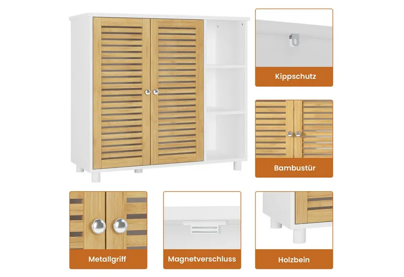 MSMASK Badkommode Badezimmerschrank mit 3 Offenen Regalen und 2 Bambustüren, 77 × 30 × 80 cm, Beige, – Produktbild 4 von 5