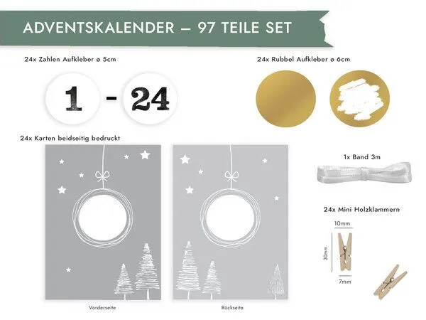 renna deluxe renna deluxe RUBBEL Adventskalender, zum Rubbeln, GOLD Grau Weiß, Bastelset 97 Teile | Gutschein-Kalender im Boho Nordic Stil – Produktbild 3 von 3