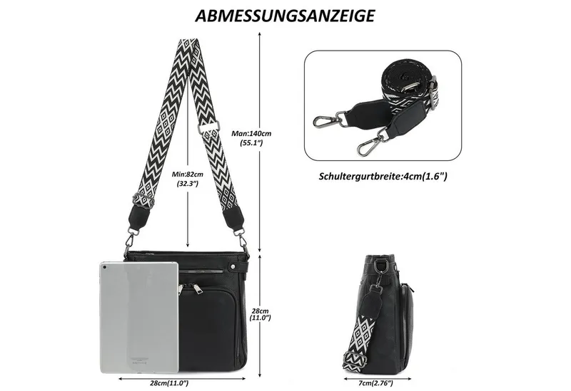 TAN.TOMI Schultertasche Handtasche damen mittelgroß Umhängetaschen crossbody bag, Retro leder PU damentaschen mit breitem gurt handtaschen, Schwarz, – Produktbild 3 von 5