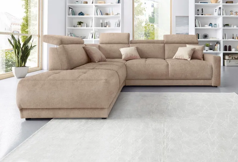 DOMO collection Ecksofa Ava, moderne Sitzheftung mit toller Doppelnaht, komfortabel, L-Form, mit Ottomane, inkl. Federkern, wahlweise mit Kopfteilverstellungen, Beige, – Produktbild 2 von 5