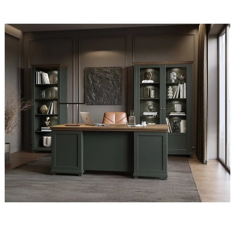 Lomadox Büromöbel-Set EPSOM-83, (Spar-Set, 3-tlg., Schreibtisch Vitrine Aktenregal), in grün mit Eiche, Softclose-Funktion, Rückwand mit Lamellen Optik, Grün, – Produktbild 1 von 5