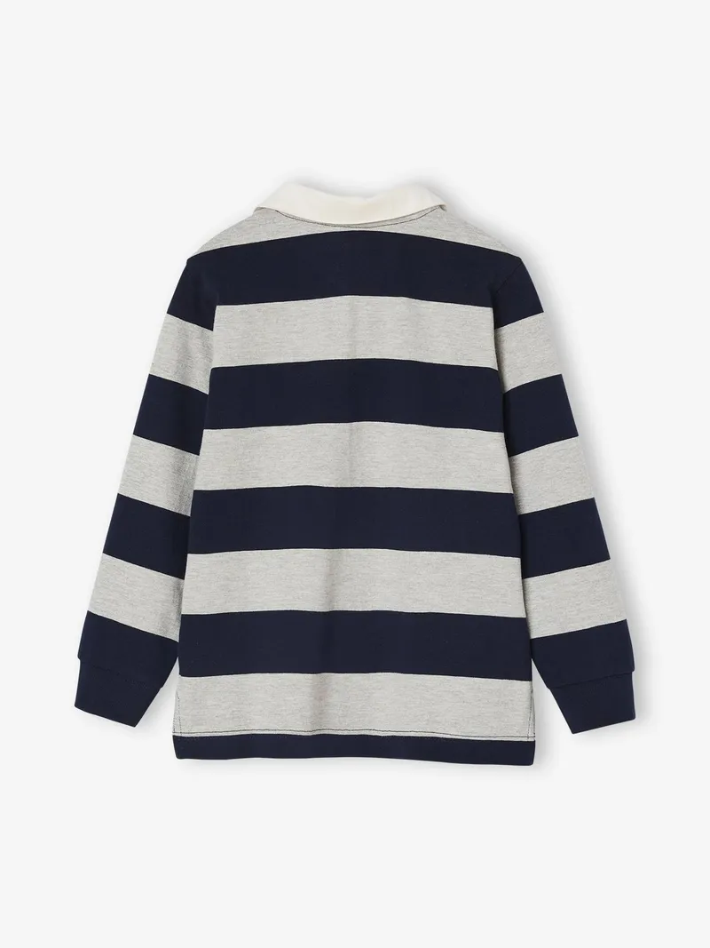 Vertbaudet Vertbaudet Gestreiftes Jungen Langarm-Poloshirt mit Kontrast-Kragen, Grau meliert, – Produktbild 2 von 4