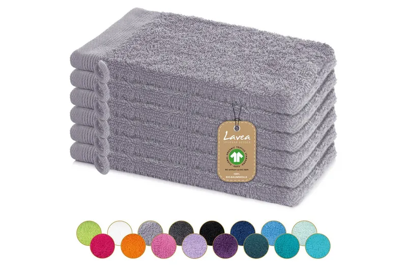 Lavea Waschhandschuh Bali Waschlappen 16x22 cm, Waschhandschuhe, kleine Handtücher, Weiches Bio-Baumwollfrottee (Set, 6-St), Gesichtshandtücher, GOTS-zertifiziert, extra saugstark mit 500g/m², Grau, – Produktbild 1 von 5