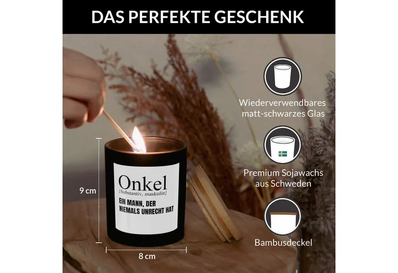 22Feels Duftkerze Deko Bester Onkel Geschenk Bday Weihnachten Mann von Nichte Neffe, MADE IN GERMANY, Europäisches Sojawachs, Handgegossen, Schwarz, – Produktbild 4 von 5