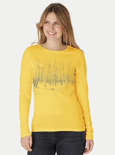Peaces.bio - handbedruckte Biomode Peaces.bio - handbedruckte Biomode Damen Langarmshirt Woodland, Gelb, – Produktbild 1 von 2