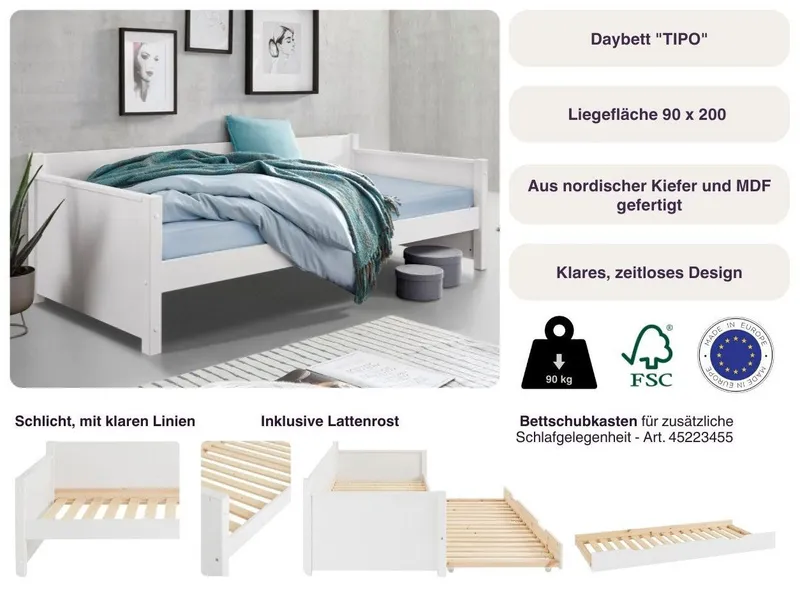 OTTO home Daybett "TIPO " zertifiziertes Massivholz, Gästebett, platzsparend, Option für 2. Schlafgelegenheit, Weiß, – Produktbild 4 von 5