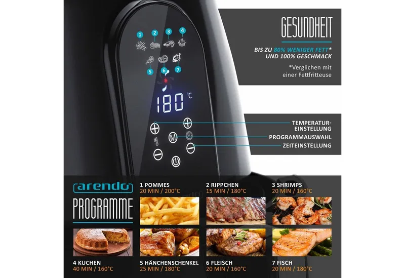 Arendo Heißluftfritteuse XXL Airfryer 5,2 Liter, bis 200 Grad, 3D Umluftsystem, Display, 1800 W, Fritteuse, Heissluftfritteuse, Frittieren ohne Öl, Timer, 7 Programme, Schwarz, – Produktbild 5 von 5
