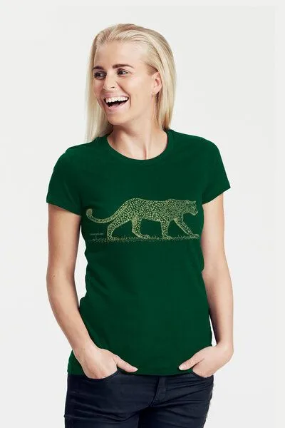 Peaces.bio - handbedruckte Biomode Peaces.bio - handbedruckte Biomode Bio-Damen-T-Shirt "Leopard", Flaschengrün, – Produktbild 1 von 1
