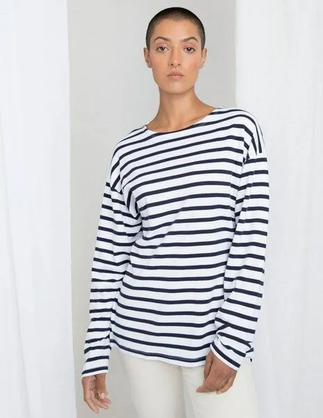 Mantis Mantis Damen / Herren Unisex Langarm Shirt Striped, Weiß/navy streifen, – Produktbild 2 von 3