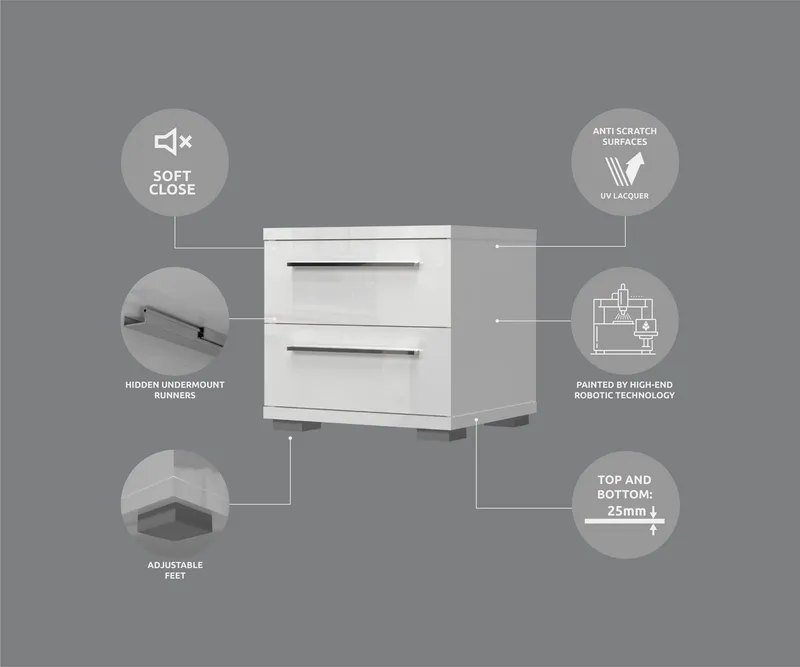 OTTO home Nachtkommode Piano, Nachttisch aus FSC-zertifiziertem Holzwerkstoff, Made in Europe (45/40/43 oder 61cm (B/T/H), ideal passend zum Boxspringbett), UV lackiert, hochglänzend, Soft-Close Funktion, 2 oder 3 Schubladen, Weiß, – Produktbild 1 von 8