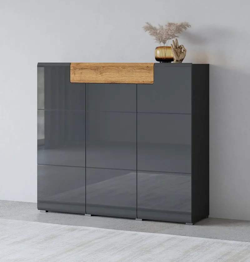 OTTO home Highboard Toledo,Breite 147,5 cm,trendige Hochkommode mit 3 Türen 1SK, Hochschrank mit viel Stauraum, stylische Hochglanzfronten, Schwarz, – Produktbild 2 von 5