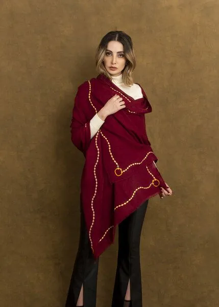 HeritageModa HeritageModa Burdgundy Handbestickte Kaschmir-Pashmina, Rot, – Produktbild 3 von 3
