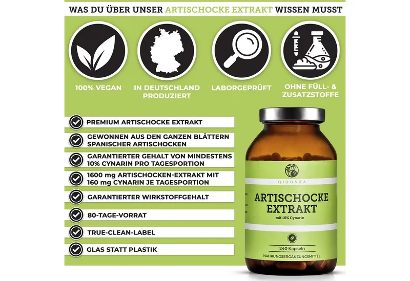 QIDOSHA Artischocken Kapseln 1800 mg mit 10 % Cynarin Hartkapsel, 1 er 240 St., 173.3 g, Leber-Galle-Komplex – Produktbild 3 von 5