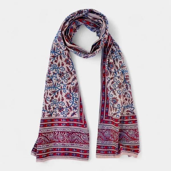 Der Lindwurm Der Lindwurm Kalamkari- Schal , Handdruck mit Pflanzenfarben, Rot/blau/rosa, – Produktbild 1 von 2