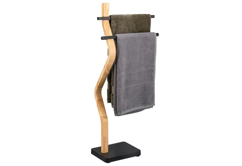 eluno Handtuchständer freistehend, 2 Stangen FSC-Holz und schwarzem Metall, Schwarz, – Produktbild 1 von 5