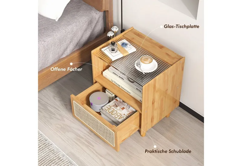 COSTWAY COSTWAY Nachttisch (1-St), Rattan Beistelltisch, mit Glastischplatte, aus Bambus – Produktbild 4 von 5