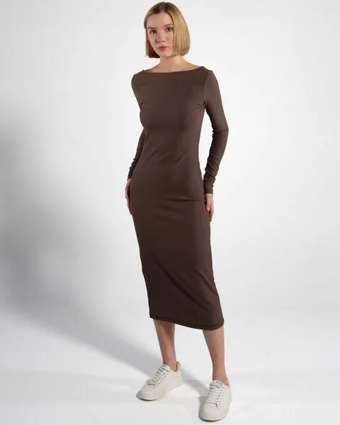 GORG GORG Geripptes Damen-Langarmkleid aus Bio-Baumwolle & TENCEL Modal, Mokkabraun, – Produktbild 1 von 4