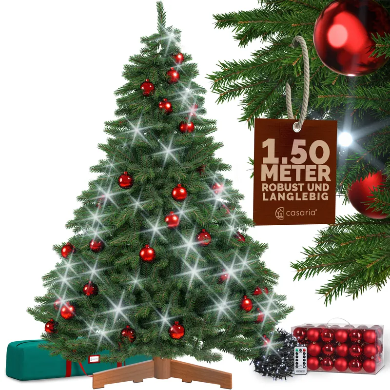 Casaria® Künstlicher Weihnachtsbaum Premium 150cm + Kugeln Rot + Lichterkette kaltweiß – Produktbild 1 von 2