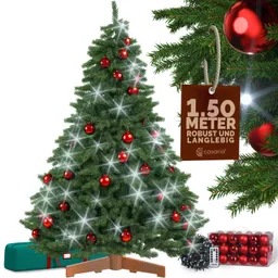 Casaria® Künstlicher Weihnachtsbaum Premium 150cm + Kugeln Rot + Lichterkette kaltweiß – Produktbild 1 von 1