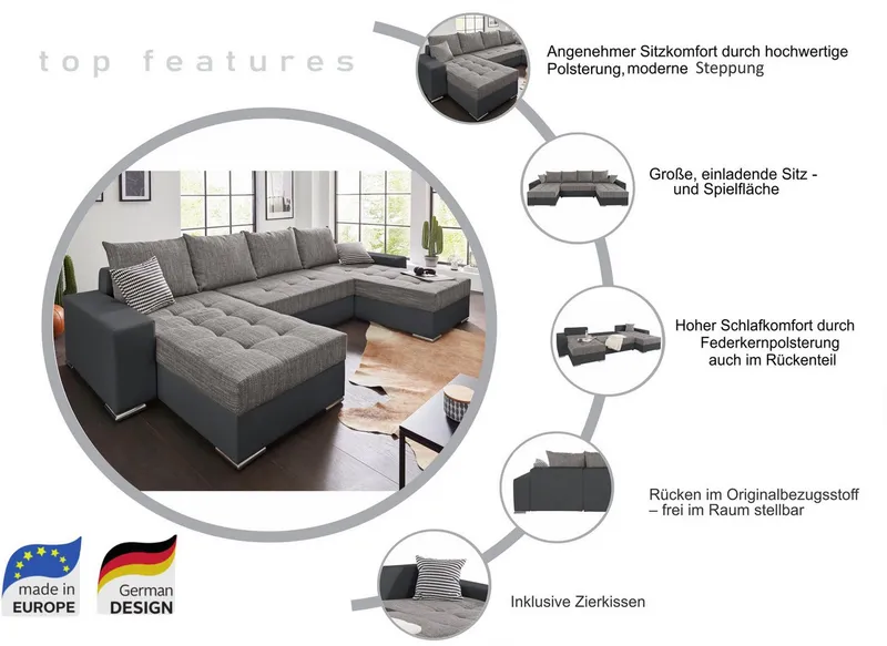 COLLECTION AB Wohnlandschaft Josy XL U-Form, Breite: 313 cm, Liegefl. 137x266 cm, Schlaffunktion, Bettkasten & 2 Zierkissen, Federkern, Grau|schwarz, – Produktbild 1 von 5