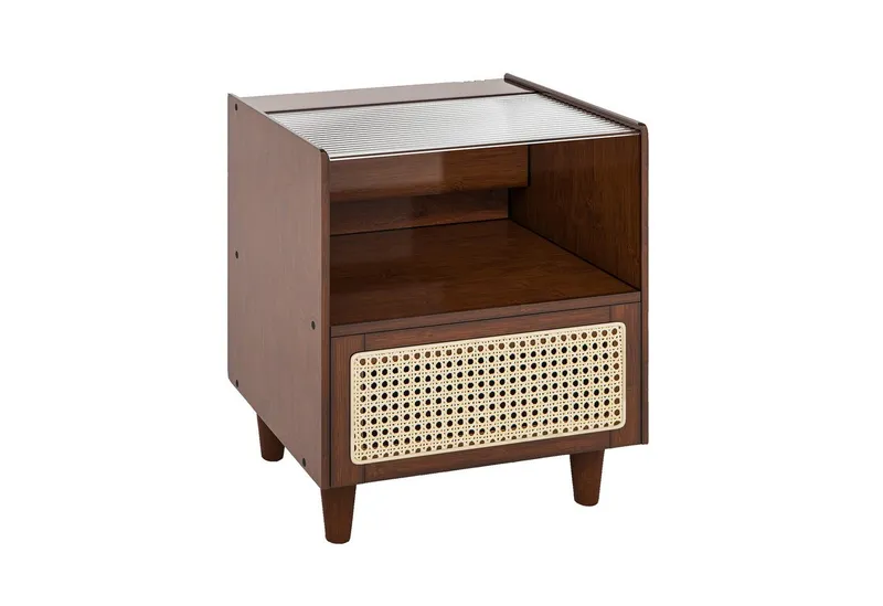 COSTWAY COSTWAY Nachttisch (1-St), mit Schublade und Glastischplatte, aus Bambus & Rattan, Braun, – Produktbild 1 von 5