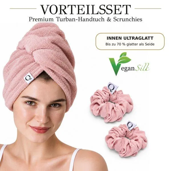 Qupro Qupro Spar-Set Turban-Handtuch & Scrunchies vegane Seide, Beige, – Produktbild 8 von 8