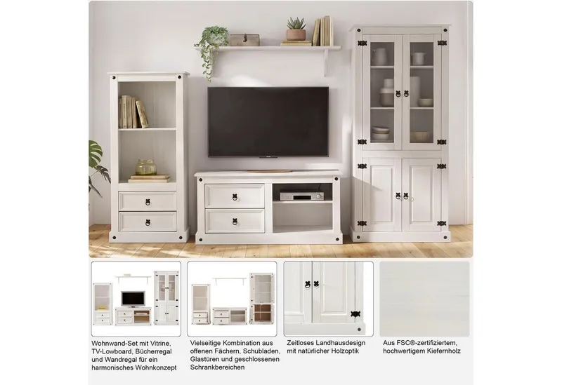 OTTO home Wohnwand Mexiko Vitrine, Regal und TV-Board mit Metallgriffen, (Set, 3-St), bestehend aus 1 Vitrine, 1 Lowboard und 1 Regal, ohne Wandboard, Weiß, – Produktbild 3 von 5