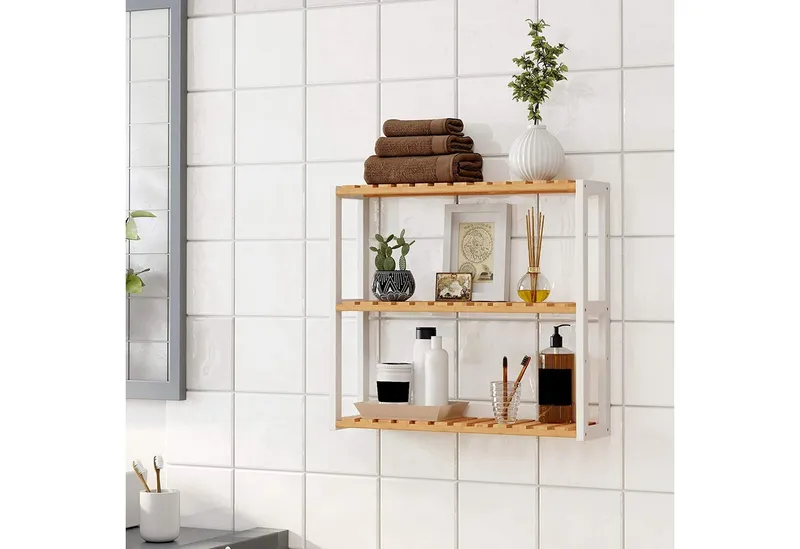 SONGMICS SONGMICS Badregal Badregal Badezimmerregal mit 3 verstellbaren Ablagen, 60 x 15 x 54 cm, für Wohnzimmer, Flur, freistehend, Wandmontage, Beige, – Produktbild 4 von 5