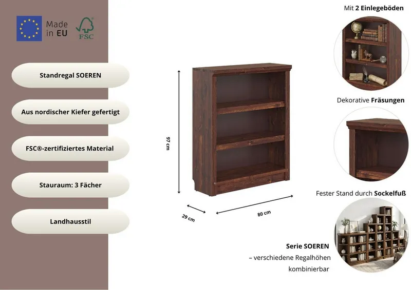 OTTO home Standregal Soeren Regal Bücherregal B/T/H: 80/29/97 cm, massive Kiefer, FSC®-zertifiziert, Braun, – Produktbild 2 von 4