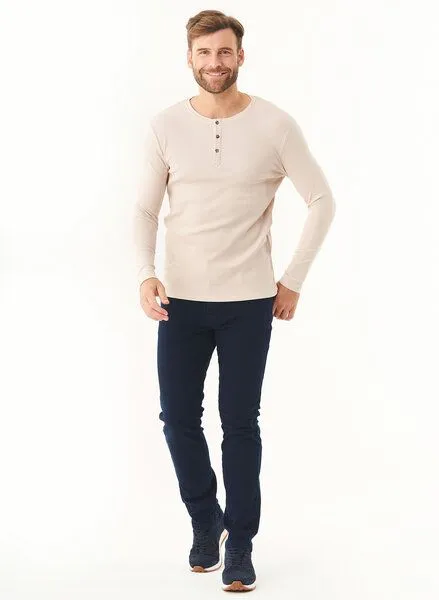 ORGANICATION ORGANICATION Geripptes Henley Langarmshirt aus Bio-Baumwolle, Stone, – Produktbild 2 von 3