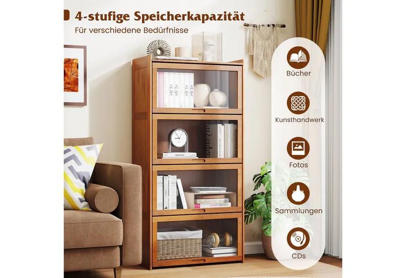 KOMFOTTEU Bücherregal, Vitrinenschrank aus Bambus, mit Türen, Braun, – Produktbild 3 von 5