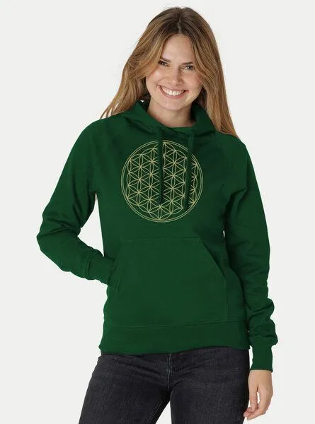 Peaces.bio - handbedruckte Biomode Peaces.bio - handbedruckte Biomode Bio-Damen-Kapuzensweater Die Blume des Lebens, Grün, – Produktbild 3 von 3
