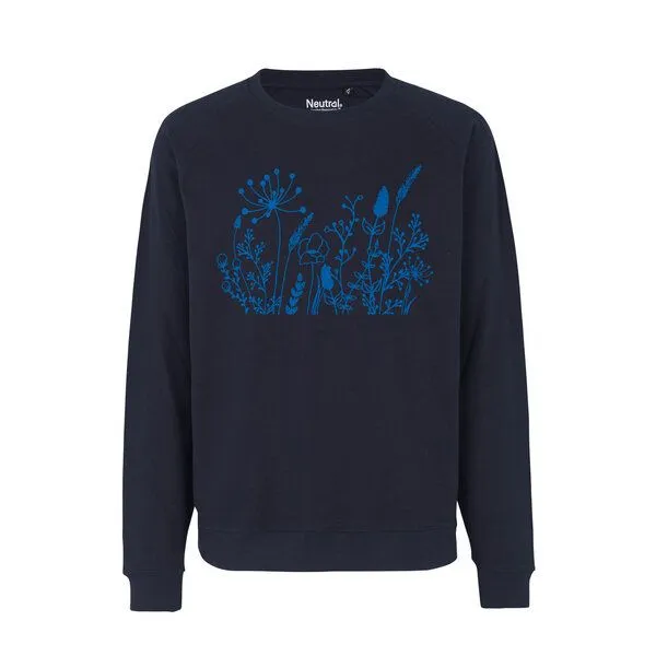 HANDGEDRUCKT HANDGEDRUCKT "Wilde Wiese" Unisex Sweatshirt aus reiner Biobaumwolle (kbA), Navyblue, – Produktbild 1 von 3