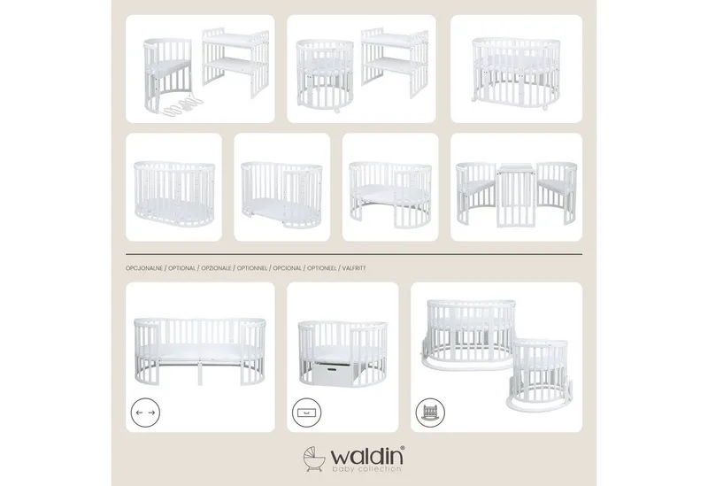 Waldin Waldin Babybett Oval 7in1 mitwachsend, Beistellbett, Matratze, Rollen, Weiß, – Produktbild 7 von 8