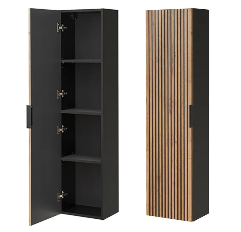 Lomadox Hochschrank XANTEN-56 anthrazit, Wotan Eiche Nb., schwarze Rillen, Softclose, Braun|grau, – Produktbild 2 von 5