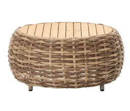 Dehner Gartenlounge-Set Lounge Tisch Tulum, Ø 71 cm, Höhe 40 cm, braun, Beistelltisch aus Kunststoffgeflecht und Aluminium mit Teakholzplatte – Produktbild 1 von 1