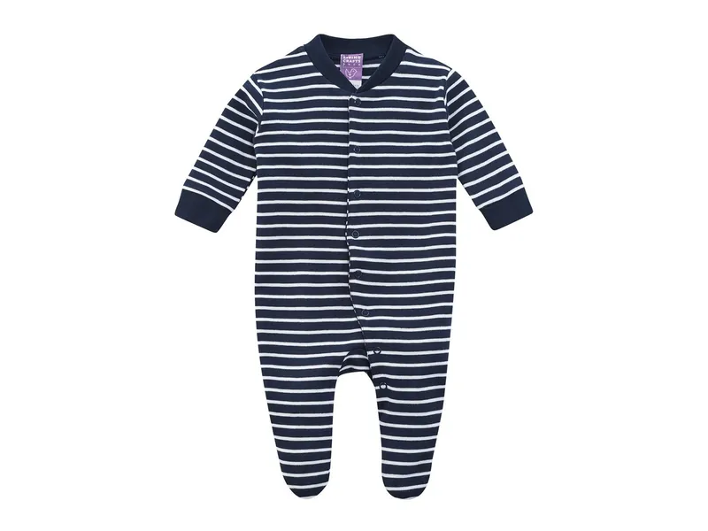 Living Crafts Living Crafts Baby und Kinder Schlafanzug Bio-Baumwolle mit Füßchen marine-weiß gestreift Gr. 86, Blau, – Produktbild 1 von 2