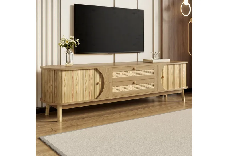 Odikalo TV-Schrank Sideboard Lowboard TV-Ständer mit Türen Schubladen Rattan Seiten Natur 170 L x 39,5 B x46 H(cm) – Produktbild 3 von 5