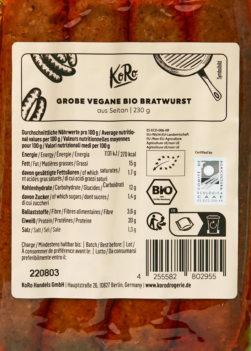 KoRo Grobe vegane Bio Bratwurst 12 x 230 g – Produktbild 3 von 5