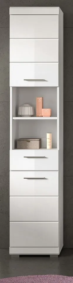 Inn.Furn Hochschrank Shawn (Badschrank in weiß Hochglanz, 2-türig, 37 x 191 cm) mit Schublade und 6 Fächern, Weiß, – Produktbild 3 von 5